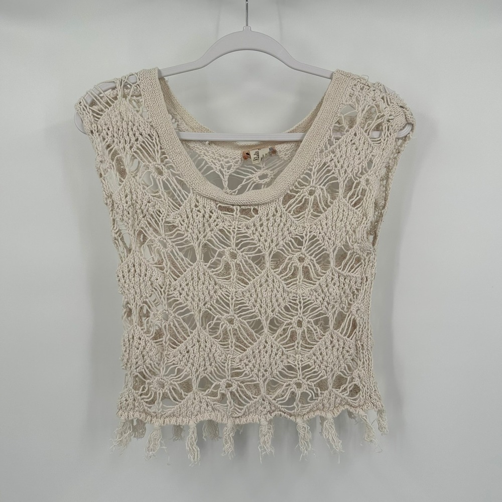 Womens Crochet Festival Top Size L Boho Hippie Open Knit Layering‎ Fringe